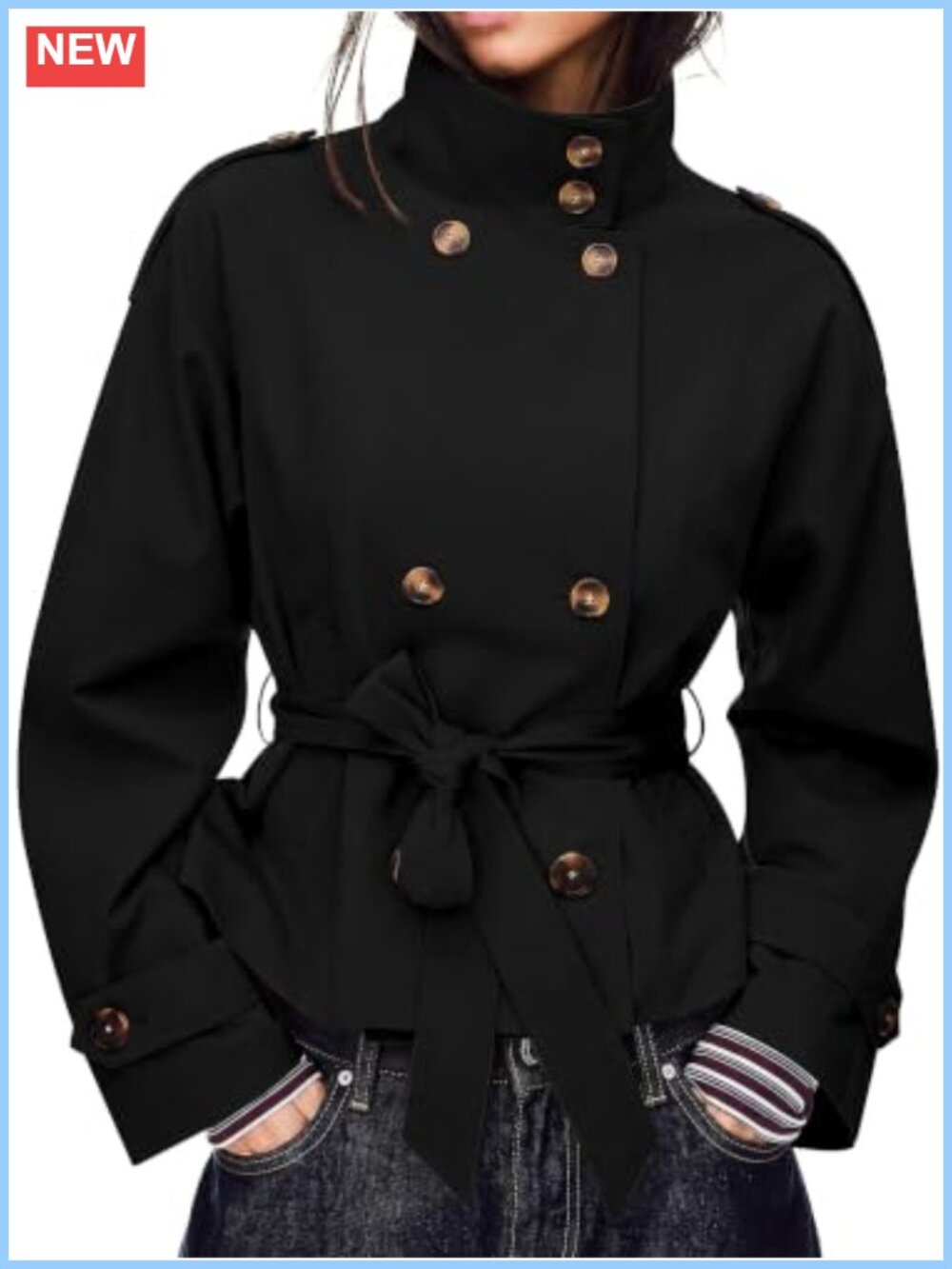 Cropped Trench Coat Double Breasted High Collar Short Jacket with Belt